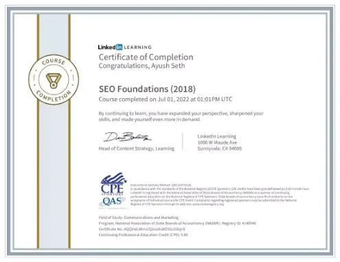 Completed a course on Search Engine Optimization.